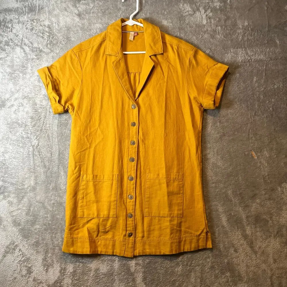Pilcro‎ Buttondown Shirt Dress Linen Blend Patch Pockets Yellow Utility
